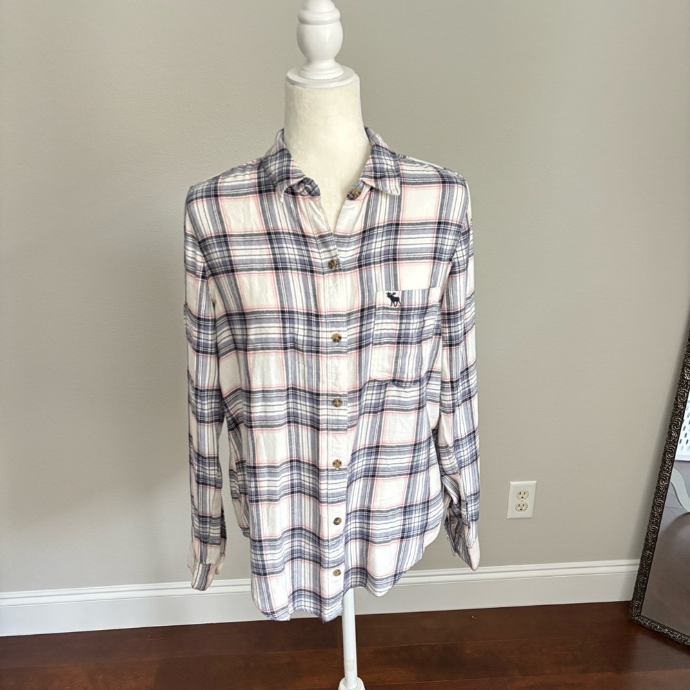 NWT Abercrombie & Fitch Pink Blue LongSleeve Flannel Button Down Top Size M